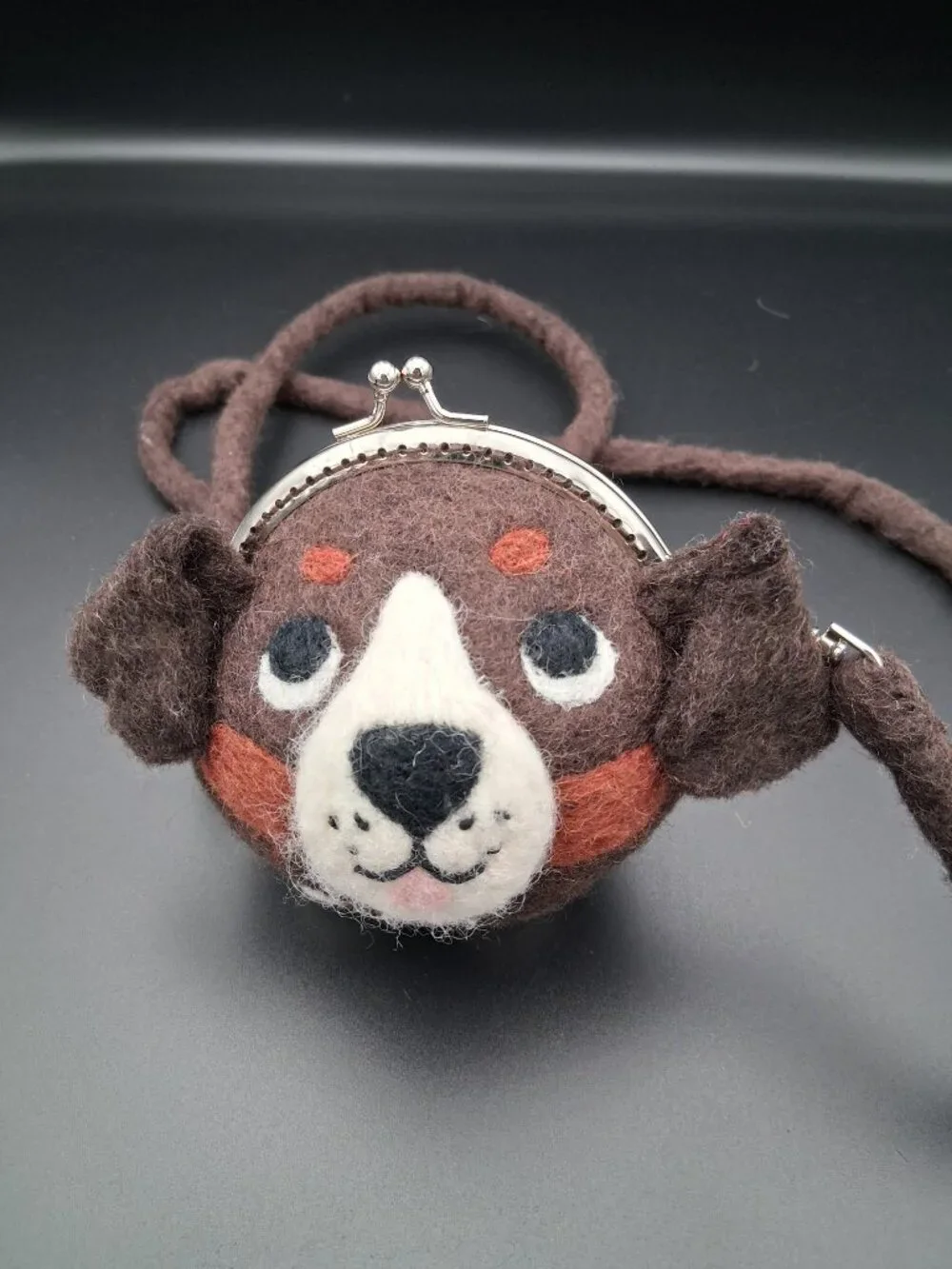 Wild Woolie Parker Pup Mini Crossbody Bag. Hand-felted wool with kiss-lock clasp